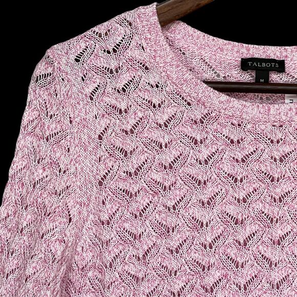 Talbots Pullover Sweater Women Size M Pink Long Sleeve Cotton Linen Open Knit - Picture 8 of 10